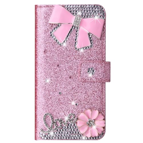 XYX Wallet Case for Samsung Galaxy S25 5G 6.2 inch, Glitter Pink Bow Diamond Luxury Flip Card Slot Phone Protection Cover Girl Women, Pink