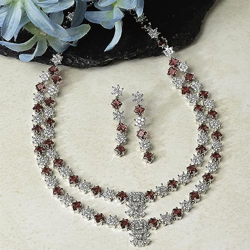 Image of ZENEME Rhodium-Plated American Diamond Studded Star Shaped Layered Necklace With Earrings Jewellery Set For Girls and Women