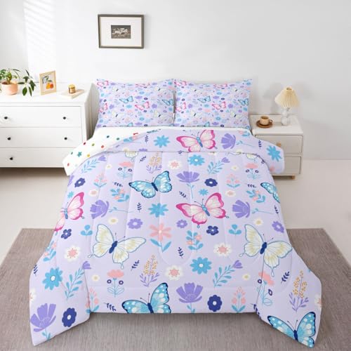 Image of Erosebridal Flying Butterflies King Size Comforter Set for Kids Teens Adults,Pink and Blue Bedding Sets,Cartoon Garden Floral Duvet Insert,Wildlife Quilt Bedroom Decor