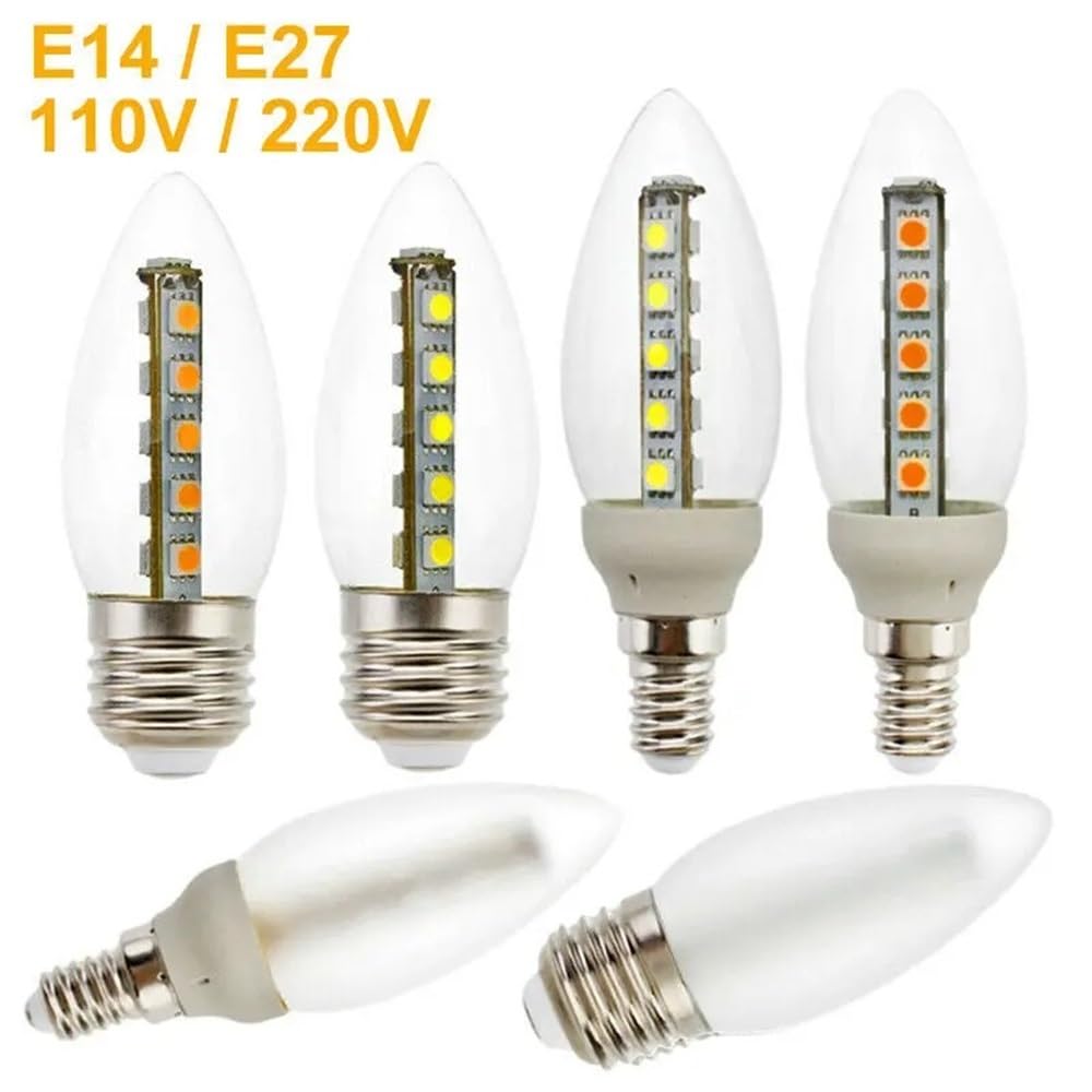 YSJX lighting, Paquete de 10 bombillas LED tipo vela, CA 220 V, 16 LED, E14/E27, 3 W, for candelabro, carcasa transparente/esmerilada(Clear shell,Warm White E27)
