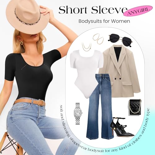 Image of Anygirl Short Sleeve Shapewear Bodysuit for Women Tummy Control Round Neck Body Shaper Seamless Thong Bodysuits T-Shirt Tops