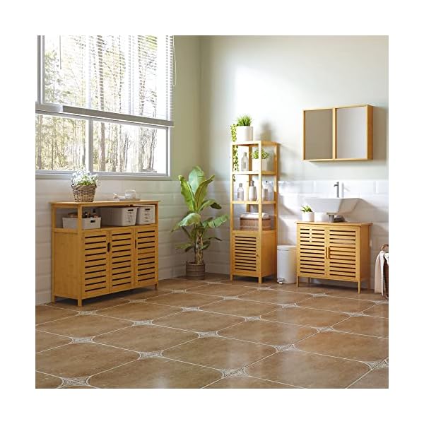 HOMCOM Badschrank Badezimmerschrank mit 3 offenen Fächern, Aufbewahrungsschrank aus Bambus, Toilettenschrank für Badezimmer, Natur, 36 x 33 x 140 cm – Bild 5