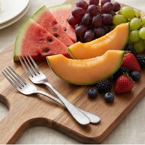 Image of 6.7 inch Sterling Silver Hammered Salad Forks | Set of 5 Durable Stainless Steel Fruit Forks | Mirror Polished Silverware for Home, Restaurants, and Gift Giving