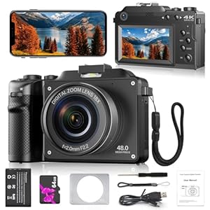 Digitai 4K Compact Camera for Photography, 48MP Vlogging Camera with Wi-Fi and Free 64GB SD Card, 18x Digital Zoom, Dual Lens Selfie Function (Black)