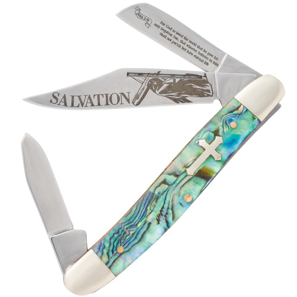 BUDK Christian Abalone Stockman Pocket Knife | Three Stainless