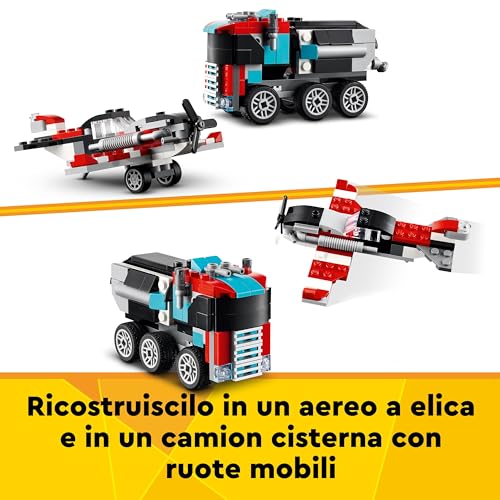 Creator 3 in 1 Autocarro con Elicottero, Giochi per Bambini e Bambine da 7 Anni, Camion Giocattolo Ricostruibile in Aereo e Cisterna o in Auto da Corsa e SUV, Idea Regalo di Compleanno 31146 - Lego - Immagine 5