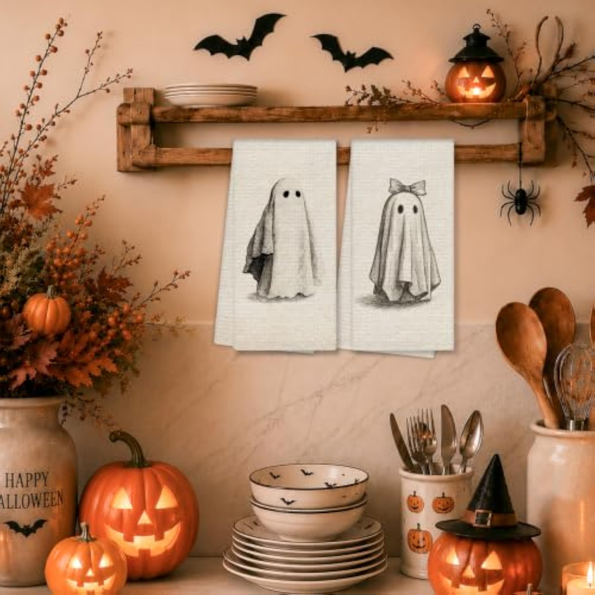 Rustic Farmhouse Halloween Ghost Kitchen Towels Set