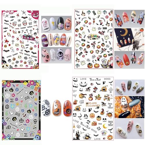 12 Sheets Halloween Nail Art Stickers Decals, Kalolary Self-Adhesive DIY Nail Sticker Decals Nail Art Tips Stencil 3D Design Nail Decorations for Halloween Party, Include Pumpkin/Bat/Ghost/Witch