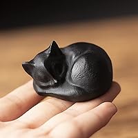 OwMell Hand-Carved Black Obsidian Sleeping Cat Statue - 2" Tiny Healing Reiki Stone Kitten Figurine for Meditation & Positive Energy