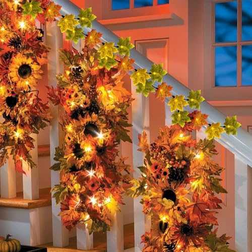 Image of GOOTHY Fall Decor Multicolored Maple Leaf String Lights, 13.6Ft LED Thanksgiving Decorations Lights Plug in with 35 Maple Leaves Light for Indoor Outdoor Halloween Fall Party Home Garland