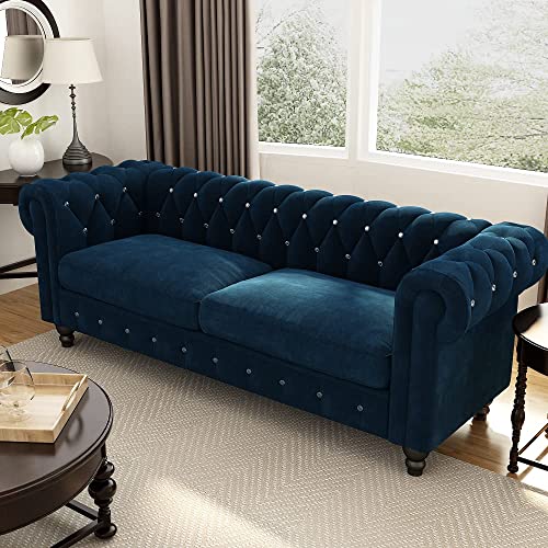 Image of Dime Store Wooden Chesterfield Sofa 3 Seater with Button Tufted Design Solid Wood Frame Upholstered Couch with Rolled Arms | Luxury Living Room Sofa for Home, Office, Lounge & Reception (Blue)