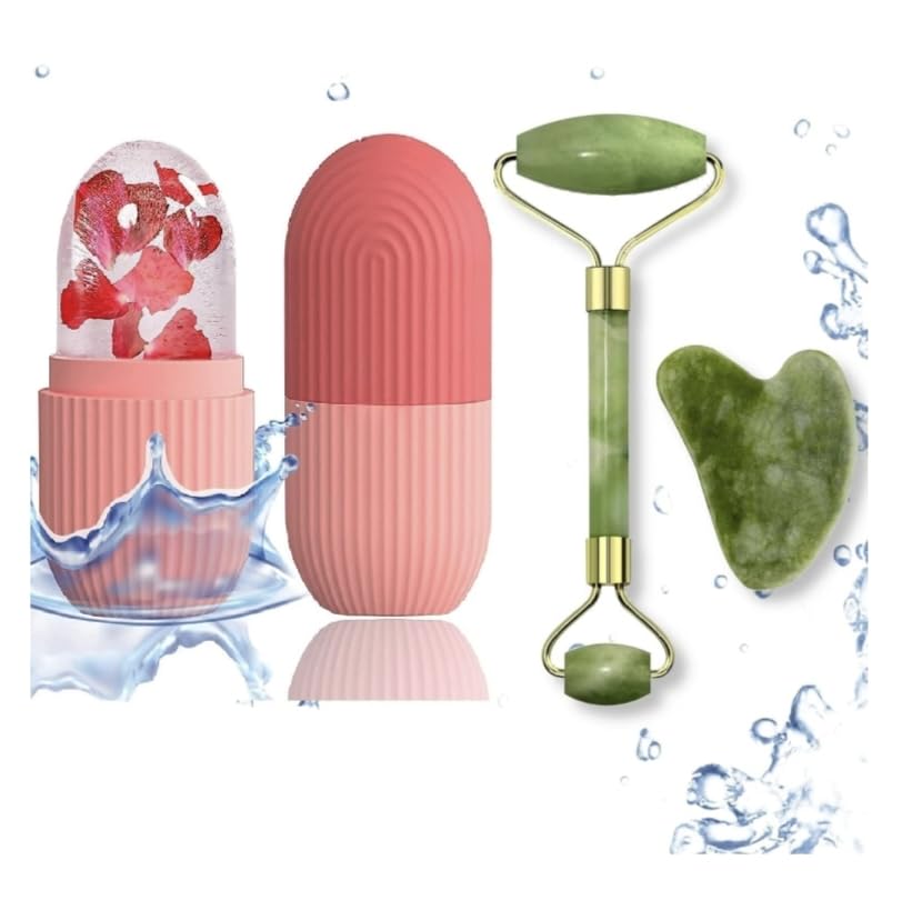 Lovzilly Facial Massager Kit for Men and Women, Natural Massage Roller Combo Pack of Jade Roller Massager with Gua Sha Stone And Ice Roller, Eliminate Face & Eye Edema Shrink Pores