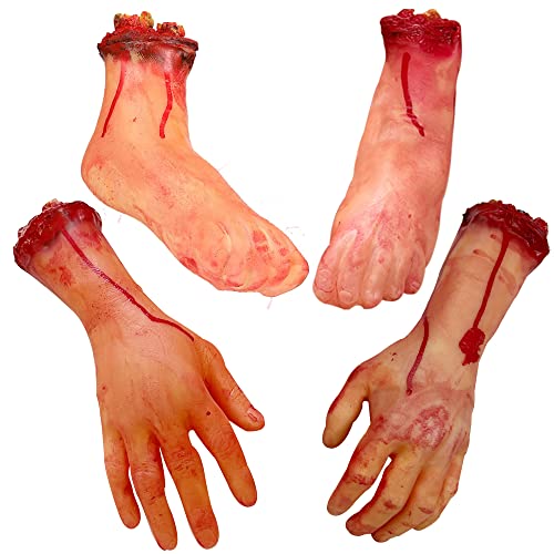 Medou 4 Pieces Fake Human Severed Hands Feet Set Scary Bloody Broken Body Parts Halloween Decorations for Haunted House Halloween Party Decorations Supplies (2 Pieces Feet & 2 Pieces Hands) (Large)