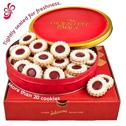 Image of Gluten Free Palace Cookie Gift Basket, Shortbread Linzer Tin (21 Cookies) | Gourmet gluten free shortbread Linzer tart cookies. Elegant red tin gift for Mom, wife, women & family.