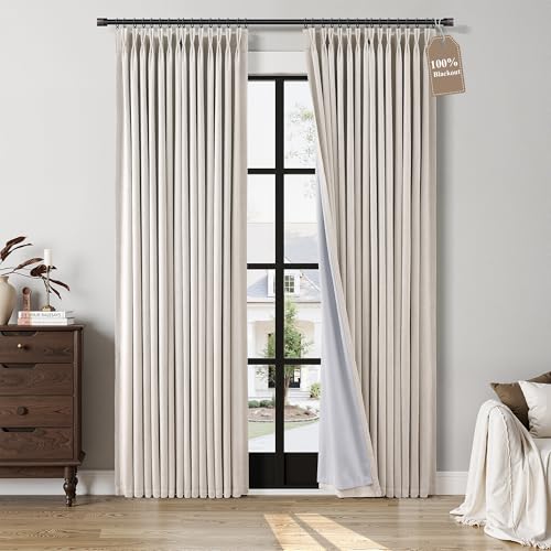 Pinch Pleated 100% Blackout Linen Curtains 84 Inch Length 2 Panels for Bedroom Living Room Darkening Thick Linen Curtains Double Layer Boho Farmhouse Cream Ivory Natural Memory Trained Window Drapes