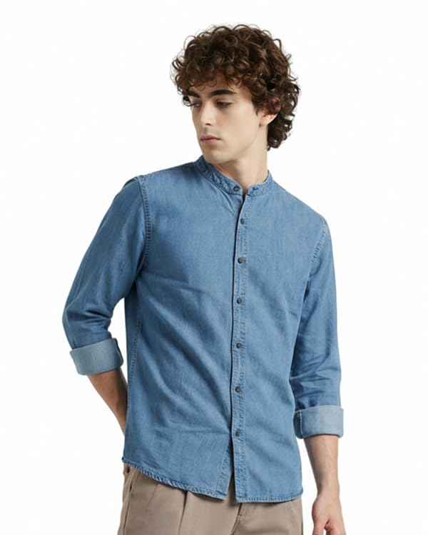 Image of Amazon Brand - INKAST Men Washed Cotton Twill Denim Casual Button Down Shirt | Mandarin Collar | Full Sleeves | Regular Fit | Stylish Summer - Everyday Wear