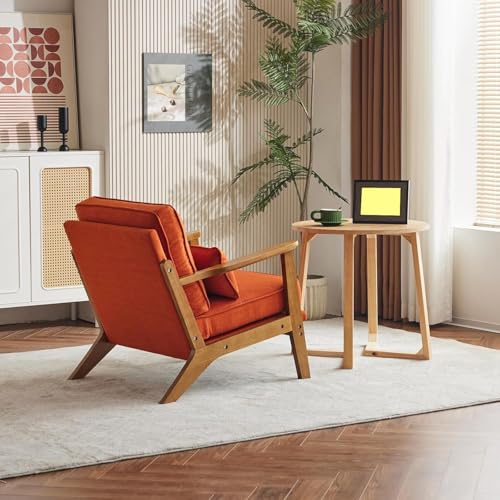 Image of Mid-Century Accent Relax Chair - Wide Armrest Lounge Chair with Linen Fabric with Lumbar Pillow (Orange, 28.3 x 31.5 x 29.5 INCH)