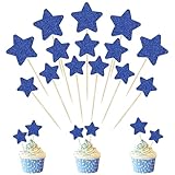 30 Pcs Star Cupcake Toppers, Mixed Size Glitter Starlet Cake Decorations for Various Birthday Party Cake Decoration Supplies - Dark Blue