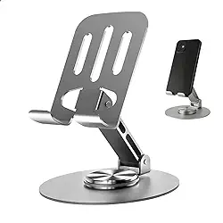 Suporte de Celular e/ou Tablet para Mesa em Alumínio Premium com Base Rotativa 360° - Ajustável, Dobável e Antiderrapante - Para Smartphones, iPhone, iPad e Tablets