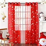 youleyar Snowflake Christmas Sheer Curtains, Luxury Silver Foil Print Voile Sheer Curtains, Metallic Bronzing Treatment Pair for Holiday Window Decoration, Living Room, Set of 2 Panels Red, 52 x 84L