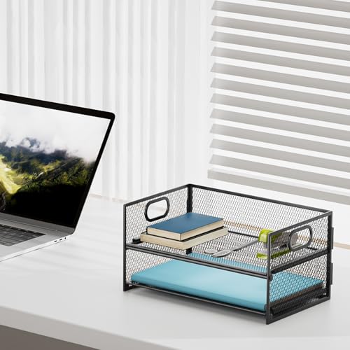 Marbrasse 2 Tier Paper Organizer Letter Tray, Mesh File Organizer with Handle, Paper Sorter Desk Organizer for Home Office Supplies - Black - Image 3