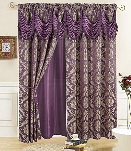 Luxurious Jacquard Window Curtains 2 panel set with Attached Valance Sheer Backing and 2 Tie backs 108 x 84 Inches Long Elegant Fancy Design Perfect For Living Room and Bedroom (Purple)