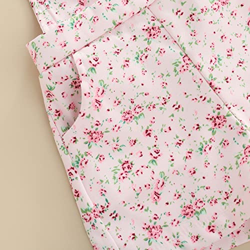 Brilliantme Toddler Baby Girl Summer Overall Outfit Ruffle Sleeve Tops T-Shirt Floral Suspender Shorts Clothes Set (Floral Pink , 18-24 Months ) #TOP4