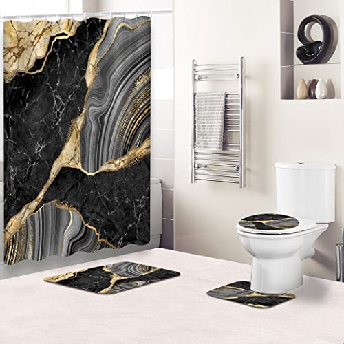 Goodbath Marble Shower Curtain Set, Luxury Abstract Black Marble Agate Mosaic Golden Veins Bathroom Sets With Shower Curtain And Rugs, Toilet Lid Rug, Contour Mat And Bath Mat, 12 Hooks #TOP27