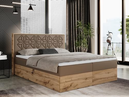 MKS MEBLE Boxspringbett 180x200 cm mit Bettkasten und Kopfteil, Polsterbett mit Matratze H3 und Topper T25, Boxspringbett mit Massivholz - Nessi - Braun Kunstleder