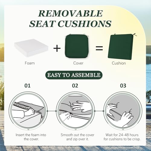 HOMELYSIAN Waterproof Outdoor Chair Cushions Set of 2, Square Outdoor Seat Cushions with Ties and Removable Covers, 22 x 22 Outdoor Cushions for Patio Furniture with Portable Handle(Forest Green) by HOMELYSIAN - Used condition - Image 6