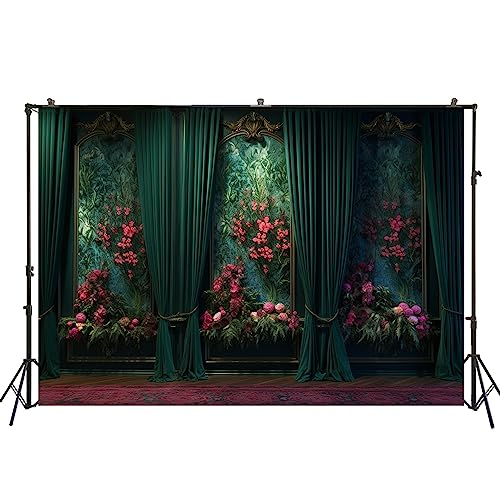 Green Curtain Backdrop with Flowers