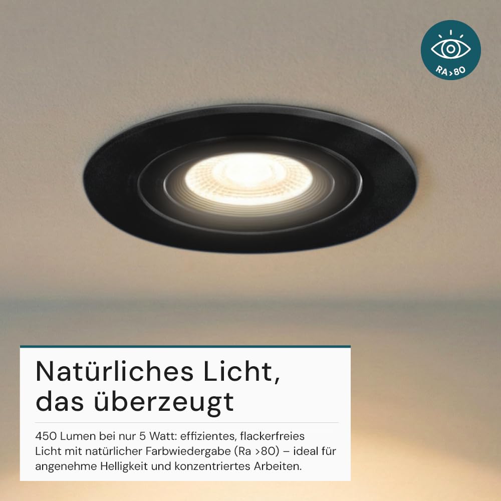 LUXULA LED Einbaustrahler dimmbar schwenkbar 12 Stück - Einbaumaß 75mm - Deckenspot Einbauleuchte schwarz - 7W 600lm - CCT 3000K 4000K 6500K einstellbar - 38° Spotlight - 230V - LED Spots dimmbar