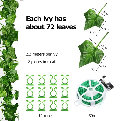 Ivy Artificial Garland Pack of 12 Green Fake Ivy Plants Ivy Vine for Garden Wedding Party Wall Decoration (2.2 m - Image 2