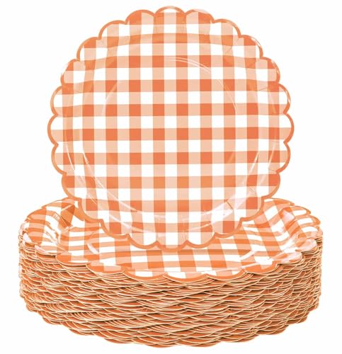 HEIPINIUYE 50 Pieces Orange Gingham Paper Plates 7 Inch Orange and White Scalloped Plates Disposable Dinner Plate for Wedding Baby Shower Birthday Party Checkered Dessert Plate
