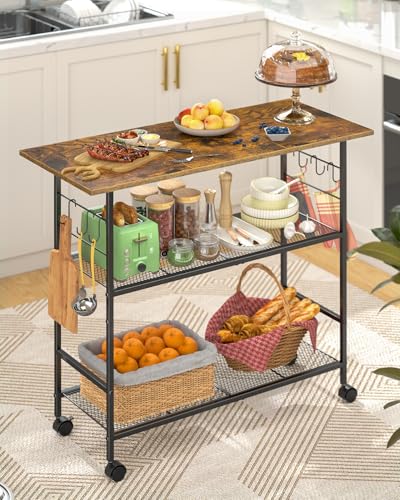 Comparison: Best Microwave For Kitchen Island 8 Kitchen Island with 3 Shelves, Rolling Kitchen Cart with 6 Hooks and Protective Shelf, Microwave Stand on Lockable Wheels, Bakers Rack Coffee Bar for Dining, Living Room, Outdoor, Metal Frame