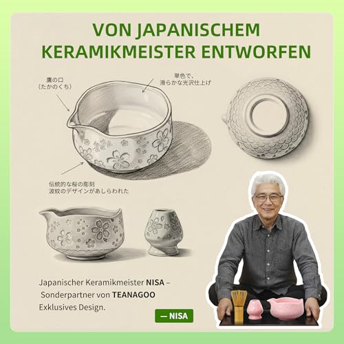 TEANAGOO 7 Stück Matcha Set Rosa, Keramik Schale (Chawan) mit Ausguss & Bambusbesen, Komplettset für Matcha Zeremonie und Latte, Geschenk für Matcha Liebhaber