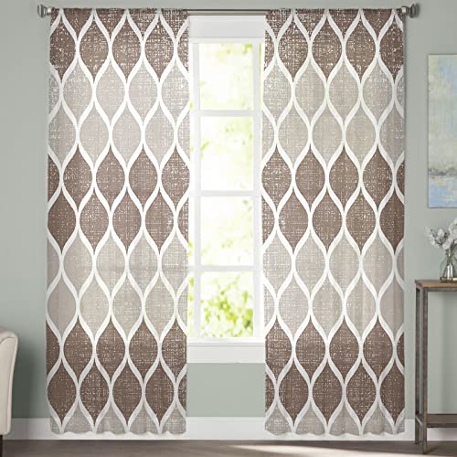 Beige Brown Geometric Sheer Curtains 84 Inch Length 2 Panels For Living Room/Bedroom, Middle Century Abstract Art Aesthetics Semi Curtain Sheers Drapes Rod Pocket Curtains Window Treatment 52X84X2 #TOP1