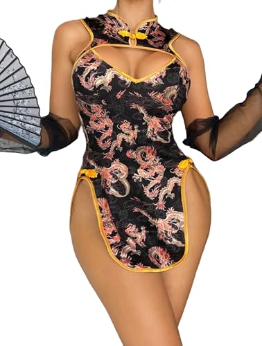 Image of Alrovetoney Sexy Lingerie Fantasy Costume Sexy Series Printed Cut-Out Slit Women's Costume Red S-XXL