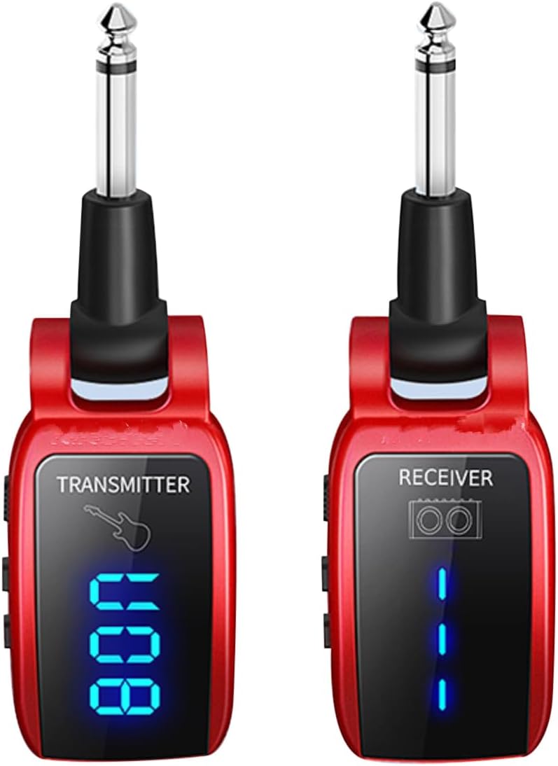 Rechargeable Guitar Transmitter Receiver Set, Wireless Guitar System 15 Channels with LED Screen for Electric Bass Guitar
