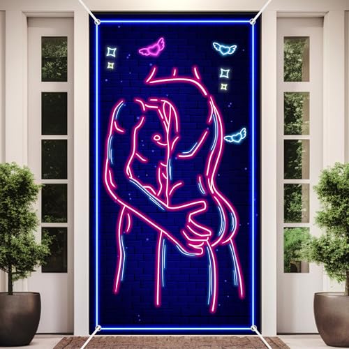 VENCUBI Sexy Muscle Man Neon Backdrop - Romantic Bodybuilder Silhouette Glow in Dark Banner for Pride Party Decor, Gym Wall Art, Birthday 35x72 Inch