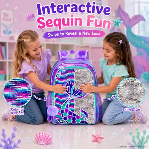 Image of 16 inch Mermaid Backpack for Girls, 3Pcs Sequin Fish Tail School Backpacks Set for Elementary Preschool Kindergarten, Kids Bookbag with Lunch Box (Purple)