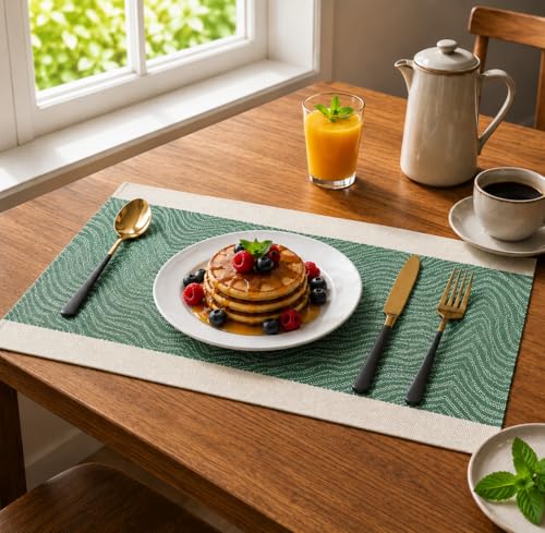Image of YELONA Placemats Set of 6, Heat-Resistant Woven Vinyl Table Mats, Non-Slip & Washable Dining Tablemats for Kitchen & Dinner Decor, Jade Green (45cm x 30cm)