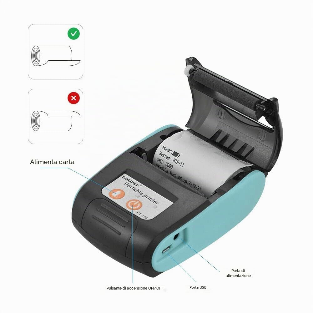 Stampante Termica per ricevute, Formato Mini, Ricezione Bluetooth 4.0, Portatile, 58 mm, Senza fili, per Android e Windows (Blue)