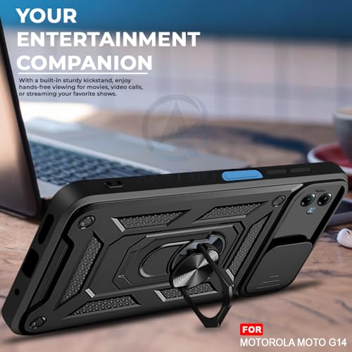Image of AESTMO Tough Armor Moto G14 Bumper Back Case Cover | Ring Holder & Sliding Camera Shield Cover | 360 Degree Protection Back Case Cover for Moto G14 (Black)