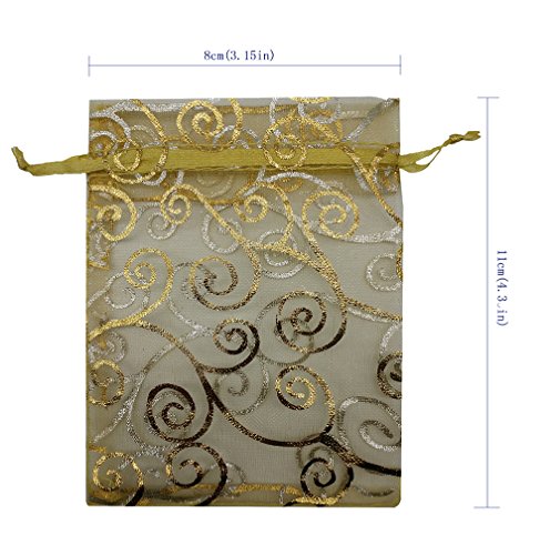 Ankirol 100Pcs Sheer Organza Favor Bags For Wedding Baby Shower Rattan Print Gift Bags Samples Display Drawstring Pouches (3X4, Gold) #TOP1