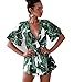 Asskdan Women's Fashion V Neck Leaves Print Short Sleeve Jumpsuit Rompers (Green, M)