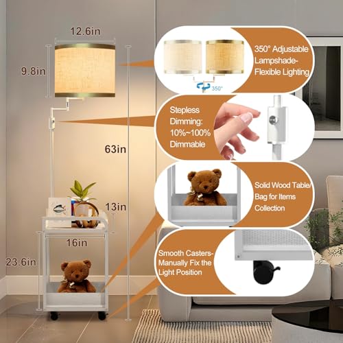 Image of Lightdot 63IN Floor Lamps with Table&Basket, Modern Standing Tall Lamps with Adjustable Fabric Shade and Movable Casters, End Table Lamp for Living Room /Sofa Beside /Corner Decor-White(Bulb Included)