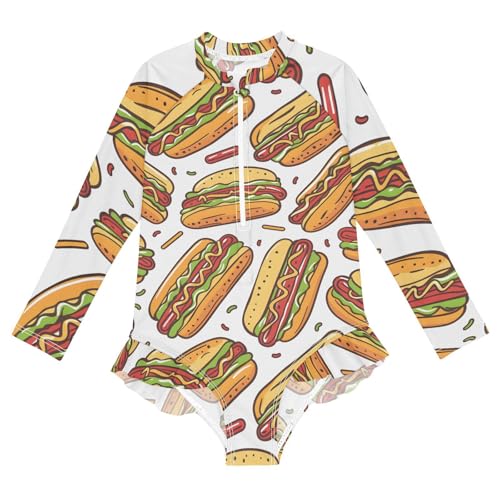 Girls One Piece Swimsuits Long Sleeve Swimsuit Zipper Bathing Suits Hot Dog Pattern