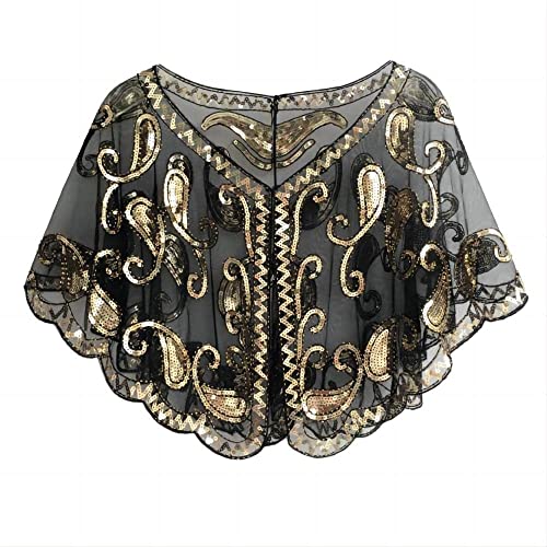 Specell 1920s Shawl Wraps Wedding Bridal Wrap Sequin Beaded Shawl For Evening Dresses Wedding Gatsby Party Harlem Night. Bright Black Gold