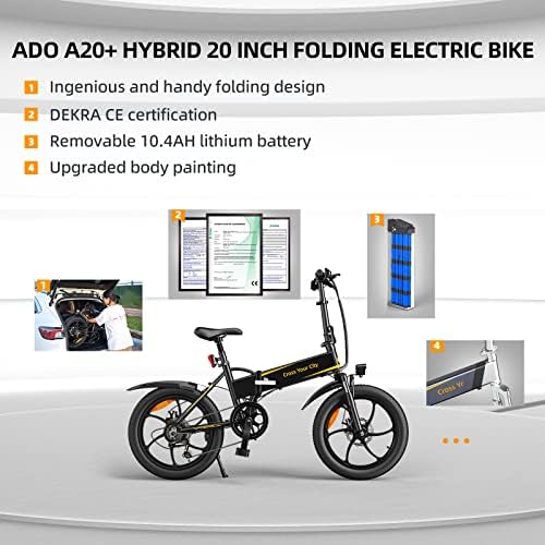 ADO A20+ Folding Electric Bikes for adults 20 Inch Citybike with Shimano 7 Speed for Outdoor Commuter with 250W Motor/36V/10.4Ah Battery/25 km/h